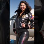 Sleek AI model stands on the runway in a leather jacket and pants Short