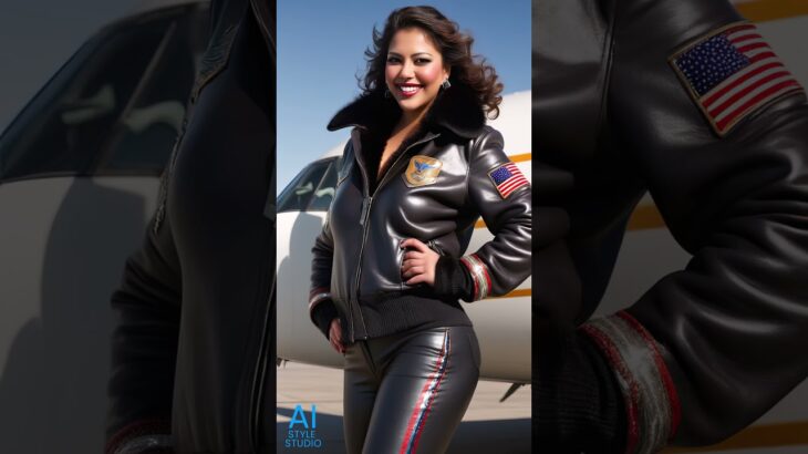 Sleek AI model stands on the runway in a leather jacket and pants Short